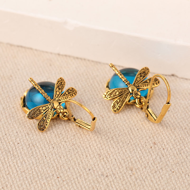 Golden Dragonfly Pendant Earrings with Moonstone Accents